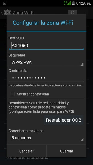 Introduzca una contraseña de punto de acceso Wi-Fi de al menos 8 caracteres y seleccione Guardar