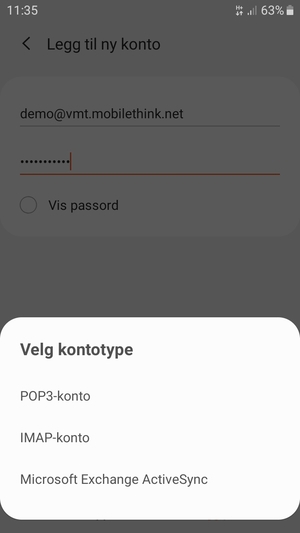 Velg POP3-konto eller IMAP-konto