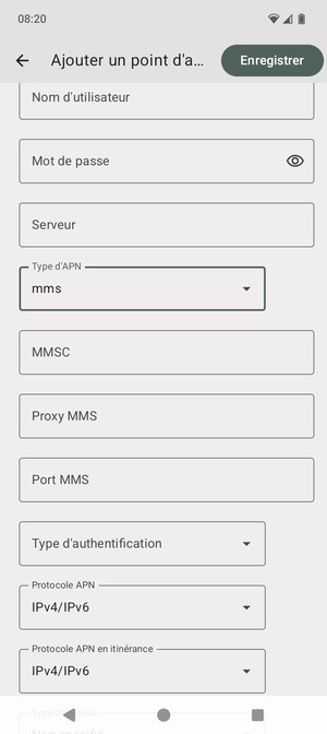 Faites défiler vers le bas et saisissez les informations MMS
