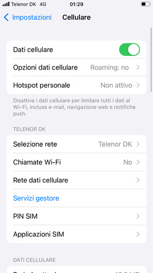 Seleziona Opzioni dati cellulare