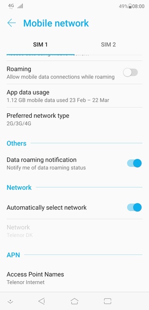 Select SIM 1 or SIM 2 and select Access Point Names