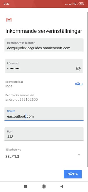 Ange Exchange serveradress och välj NÄSTA