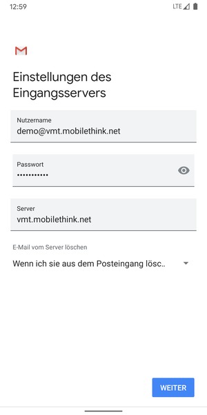 Geben Sie Benutzername und die Server-Adresse für eingehende Post ein. Wählen Sie WEITER