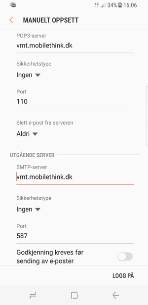 Slå av Godkjenning kreves før sending av e-poster  og velg LOGG PÅ