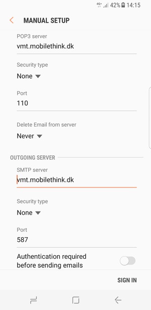 Turn off Authentication required before sending emails  and select SIGN IN