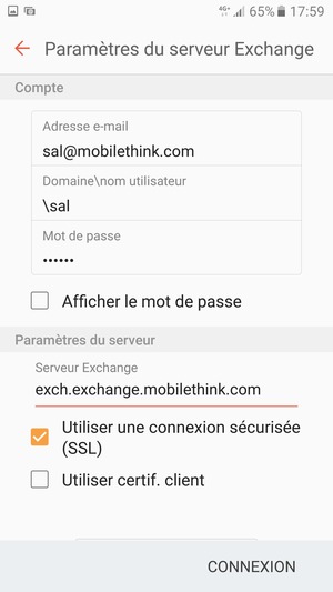 Saisissez votre Nom utilisateur et l'adresse du serveur Exchange. Sélectionnez CONNEXION