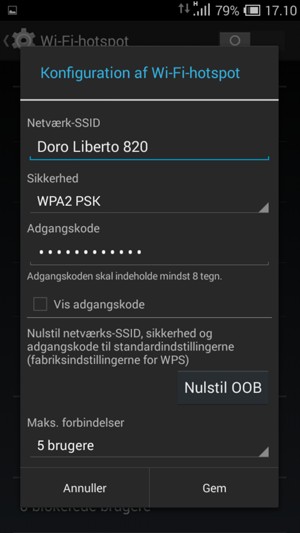 Indtast en Wi-Fi-hotspot adgangskode på minimum 8 tegn og vælg Gem
