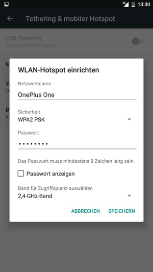 Geben Sie eine WLAN-Hotspot-Passwort mit mindestens 8 Zeichen ein und wählen Sie SPEICHERN