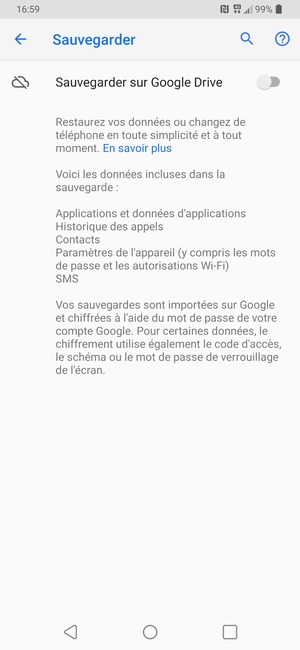 Activer le Sauvegarder sur Google Drive