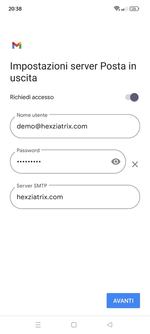 Inserisci l'indirizzo del server di posta in uscita e seleziona AVANTI