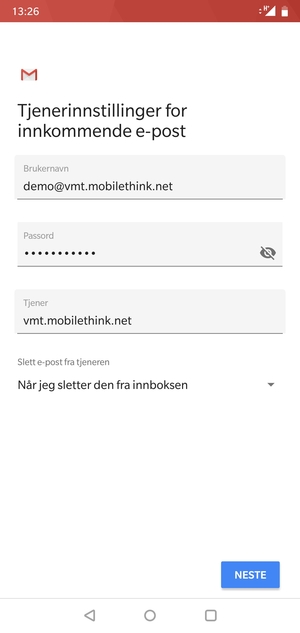 Skriv inn Brukernavn og innkommende serveradresse. Velg NESTE