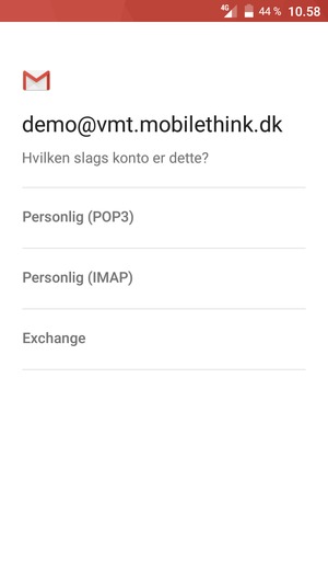 Vælg Personlig (POP3) eller Personlig (IMAP)