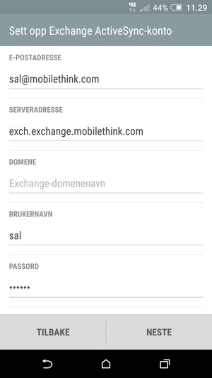 Skriv inn Exchange serveradresse og Brukernavn. Velg NESTE