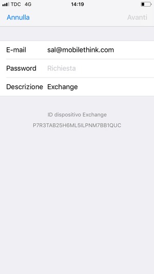 Inserisci informazioni email di Exchange e seleziona Avanti