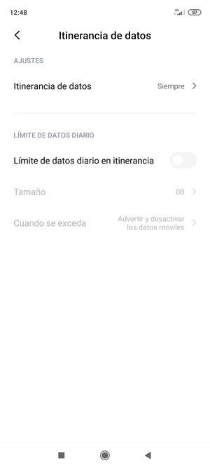 Seleccione Itinerancia de datos