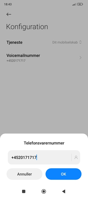 Indtast Telefonsvarernummer og vælg OK