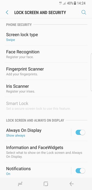 To activate your screen lock, go to the Lock screen and security menu and select Screen lock type