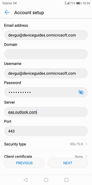 Enter Exchange server address and select NEXT