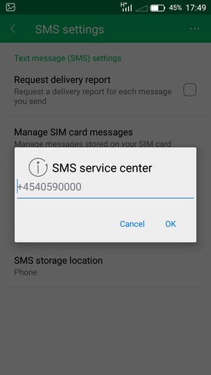 Enter the SMS Service Center number and select OK