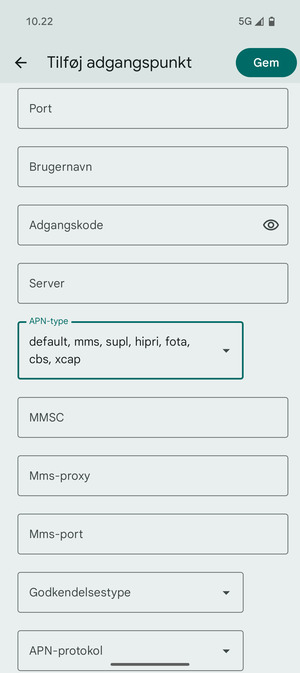 Scroll til og vælg APN-type