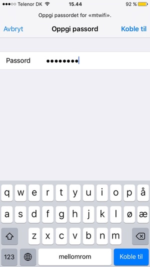 Skriv inn Wi-Fi-passord og velg Koble til