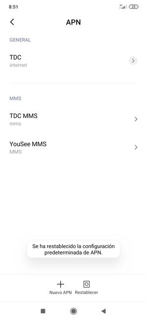 El teléfono se reiniciará con la configuración predeterminada de Internet y MMS