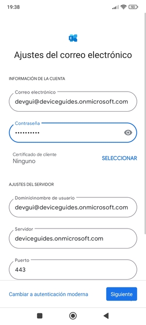 Introduzca Correo electrónico y la dirección de servidor Exchange. Seleccione Siguiente