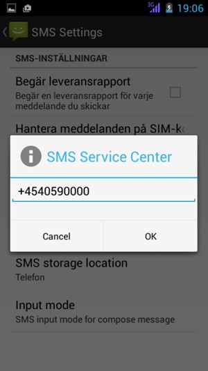 Ange SMS Service Center-numret och välj OK