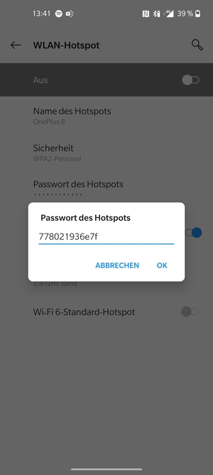 Geben Sie eine WLAN-Hotspot-Passwort mit mindestens 8 Zeichen ein und wählen Sie OK