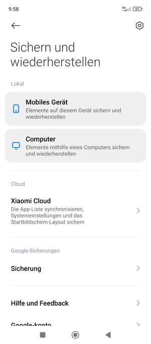 Scrollen Sie und wählen Sie Sicherung