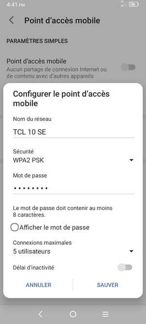 Saisissez un mot de passe de hotspot Wi-Fi d'au moins 8 caractères et sélectionnez SAUVER