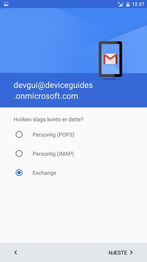 Vælg Exchange og NÆSTE