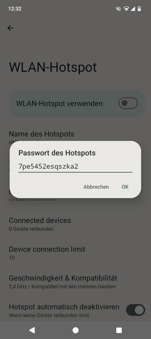Geben Sie eine WLAN-Hotspot-Passwort mit mindestens 8 Zeichen ein und wählen Sie OK