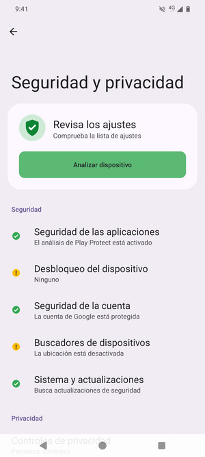 Para activar su bloqueo de pantalla, vaya al menú Seguridad y privacidad y seleccione Desbloqueo del dispositivo