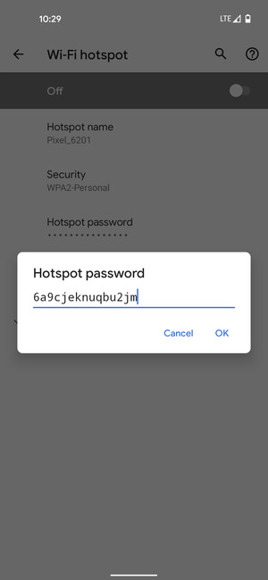 Enter a Wi-Fi hotspot password of at least 8 characters and select OK