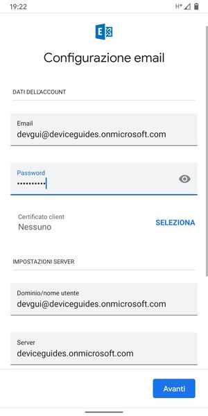 Inserisci Nome utente e l'indirizzo del server Exchange. Seleziona Avanti