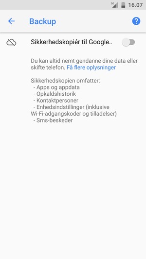 Aktiver Sikkerhedskopiér til Google..