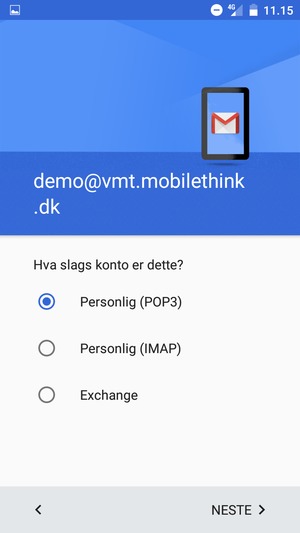 Velg Personlig (POP3) eller Personlig (IMAP) og velg NESTE