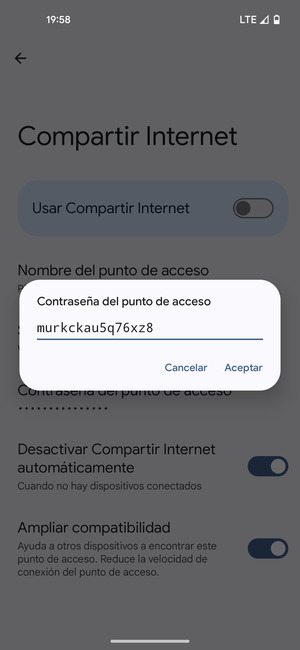 Introduzca una contraseña de punto de acceso Wi-Fi de al menos 8 caracteres y seleccione Aceptar