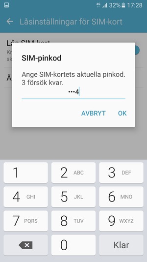 Ange din Aktuella PIN-kod till SIM-kort och välj OK