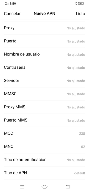 Desplácese hacia abajo e introduzca la información de Internet