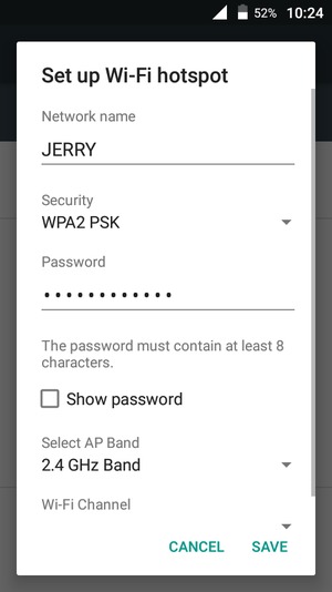 Enter a Wi-Fi hotspot password of at least 8 characters and select SAVE
