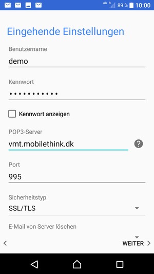 Geben Sie Benutzername und die Server-Adresse für eingehende Post ein