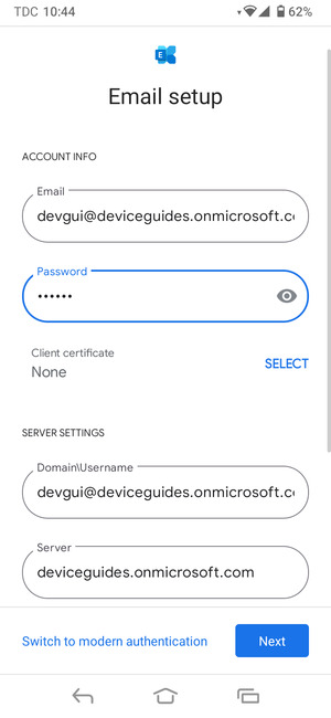 Enter Username and Exchange server address. Select Next
