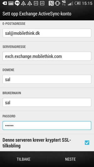 Skriv inn Exchange serveradresse og Brukernavn. Velg NESTE