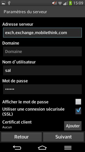 Sélectionnez l'adresse du serveur Exchange et le Nom d'utilisateur. Sélectionnez Suivant