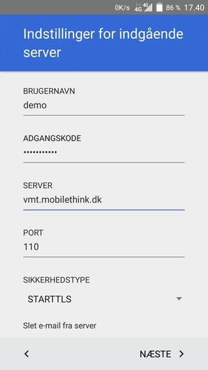 Indtast BRUGERNAVN og Indgående serveradresse