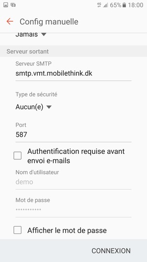 Décochez la case Authentification requise avant envoi e-mails et sélectionnez CONNEXION