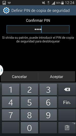 Confirme su PIN de copia de seguridad y seleccione Aceptar