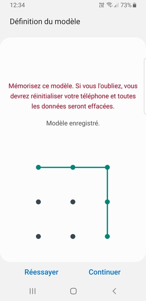 Dessinez un motif de déverrouillage et sélectionnez Continuer